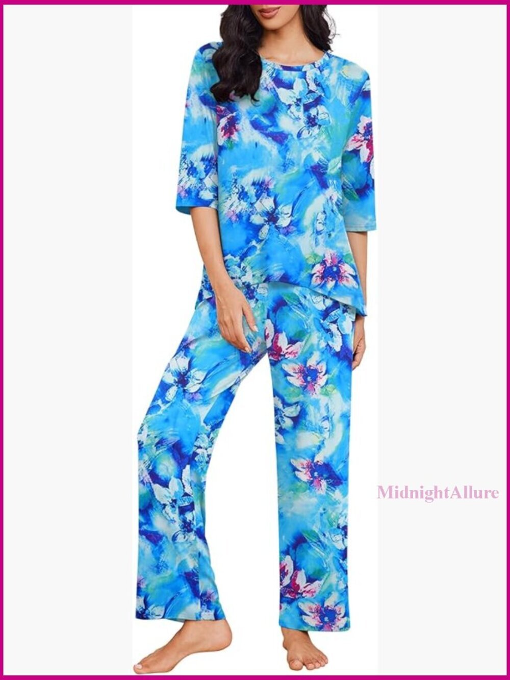 Womens 2 Piece Lounge Set Pajamas 3/4 Sleeve Top Long Pants Soft Pjs